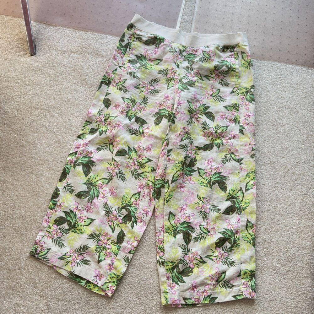 J. Jill Flax Orchid Love Linen Cropped Pants Floral Stretch Waist 100% Linen Med